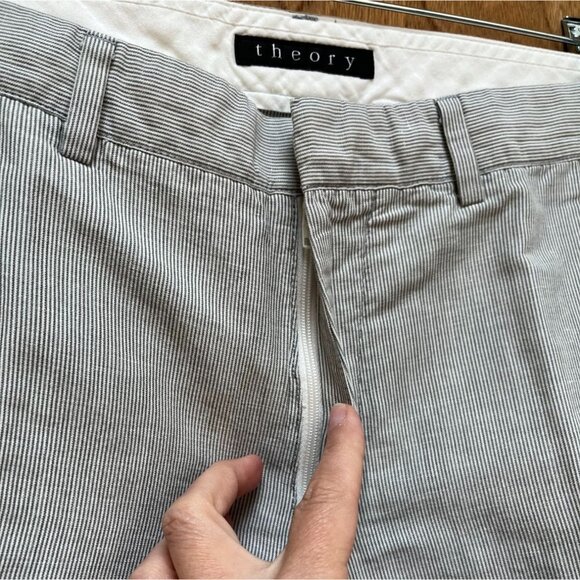Theory Linen Pinstripe Tapered Leg Pants Mid Rise Blue White Size 31 - Picture 6 of 9